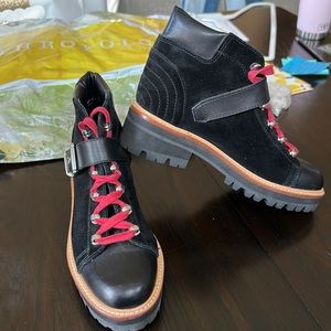 Marc Fisher-Red Lace, Black Leather/Velvet Boots-with Buckle *Never Worn* Sz 6.5